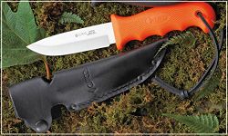 CUTCO Model 5718 Orange STRAIGHT EDGE Drop Point Knife...........High Carbon 4 1/4" Blade...........4 3/4" Durable Kraton handle..........Leather sheath and lanyard included.