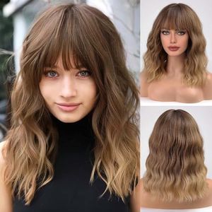 HAIRCUBE Short Charming Bob with Bangs Wigs for Woman Nature Heat Resistant Synthetic Fiber Party/Cosplay/Costume/Daily Wig (Ombre Brown Blonde)