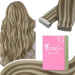 YoungSee Tape in Hair Extensions Human Hair Highlight Brown Tape Hair Extensions Real Human Hair Light Brown Highlight Blonde Tape in Remy Hair Extensions Silky Straight 16 Inch 20pcs 50g