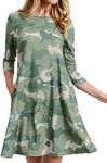 ICONOFLASH Women's Camo Shark Dresses with Pockets 3/4 Sleeves Crew Neck A Line Dress Camel Size Small