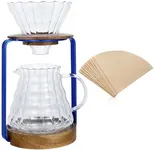 SOTECH Pour Over Coffee Dripper Stand with Metal Stand Wooden Filter Holder Glass Server with Paper Coffee Filters, Coffee Maker Stand Set for Coffee Tea and Saffron