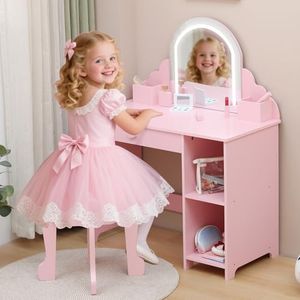 Kids Vanity with Lighted Mirror & Stool, Little Girls Vanity with Adjustable LED Light, Storage Drawer & Shelves for Girls 3-9, Pink
