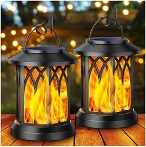 KOOPER Solar Lights Outdoor Garden, 2 Pack Hanging Solar Garden Lanterns with Realistic Flickering Flame LED, Waterproof Flame Effect Solar Garden Ornaments for Decoration Garden Pathway Patio