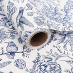 1 Roll Blue Floral Bird Wrapping Paper Mini Roll 17in x 32.8Ft Blue White Flowers Bird Pattern Gift Wrap Paper Vantege Floral Paper for Birthday Wedding Baby Shower Party Wrapping Supplies