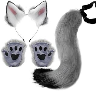 Proumhang 3 piezas Animal Orejas Diadema Cola Pata Guante Set,Zorro Gato Cosplay Accesorio Para Mujeres,Halloween Ajustable Cola de Zorro de Peluche de Disfraces para Niños Adultos Gris