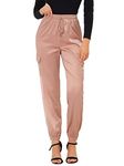 Allegra K Women's Fall Satin Joggers Drawstring Elastic High Waist Shiny Silky Satin Cargo Pants, Gray-pink, S