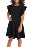 GORLYA Girl's Flutter Sleeve Stretchy A-Line Swing Flared Skater Party Dress with Pockets for 4-12 Years Kids (GOR1019, 11-12Y, Black)