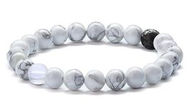 Hamoery Men Women 8mm Tiger Eye Stone Beads Bracelet Elastic Natural Stone Yoga Bracelet Bangle(Simulated Howlite)