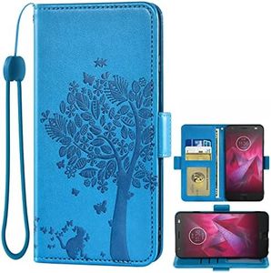 Asuwish Compatible with Moto Z2 Force Wallet Case and Tempered Glass Screen Protector Flip Wrist Strap Card Holder Cell Phone Cover for Motorola MotoZ2Force Droid MotoZ2 Z2Force Z 2 2Z Women Men Blue