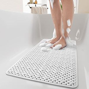 PADOOR Extra Long 40”x16” Bathtub-Mat Non Slip with Suction Cups and Drain Holes, Machine Washable Shower Mat Anti Slip Bath Mat for Tub & Shower,White