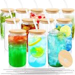 Joyclub Glass Cups with Bamboo Lids and Straws 12 Set 16 oz Reusable Iced Coffee Cup Beer Can Drinking Jars for Smoothie Whiskey Boba Soda Tea Gift