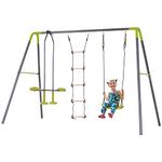 HOMCOM 3 in 1 Kids Swing Set, Double Face to Face Swing Chair & Glider Set, Climbing Ladder A-Frame Outdoor Heavy Duty Metal Swing Set for Backyard Playground