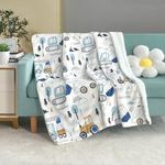 Marina Decoration Reversible Rich Printed Woven Fluffy Plush Soft Warm Flannel Fleece Children Throw Sherpa Kids Blanket, 40 x 50 Inch Cartoon Truck with White Base Pattern