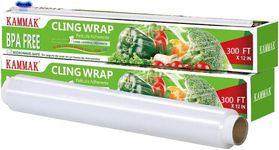 KAMMAK Plastic Wrap for Food with Slide Cutter Cling Wrap BPA-Free Microwave-Safe Kitchens Quick Cut 12" Wide by 295 Square Foot Roll (Pack of 2)