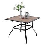 PHIVILLA Garden Table 94 * 94cm Outdoor Dining Table with Wood-like Tabletop Steel Frame and Parasol Hole Square Patio Table Maintenance Free (Brown)