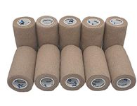 PintoMed – 10 X BEIGE X 10CM X 4.5M - Cohesive Bandage Stretched, Self-adhesive Flexible Bandages, First Aid Sports Wrap Bandages Pack individually For Medical, Sports and Veterinary use.