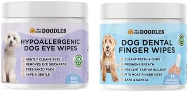 We Love Doodles Dog Teeth Cleaning Wipes & Dog Eye Wipes- Pet Dental Finger Wipes for Dogs, Freshens Breath Dog Dental Wipes, Pre-Soaked Pet Eye Wipes Pads, Safe Dog Eye Cleaner