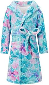 AIDEAONE Girls' Mermaid Robe Plush Soft Cartoon Hooded Bathrobes Flannel Sleepwear Hooded Pajamas for 7-9 Years