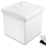 Nyxi Faux 38 * 38 * 38cm Leather White Ottoman Foldable Storage Boxes Seat Foot Stool Storage Box with Lids for Kids Toys, Bedroom, Hallway, Living Room