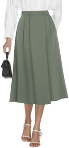 Casly Lamiit Womens High Waisted Midi Skirts 2025 Dressy Flare A Line Pleated Skirt with Pockets Casual Office Work Clothes Army Green XS
