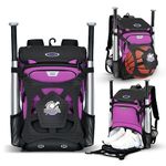 Baseball Bag for Adult and Youth, Girls Softball Bag Large Capacity Bat Bag with Shoe Compartment and Fence Hook for TBall Bat & Equipment, Waterproof Baseball Backpack for Helmet, Gloves-Purple