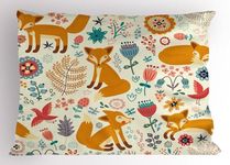 Ambesonne Fox Pillow Sham, Natural Wildlife Composition with Foxes Ornate Flowers Flying Birds Kids Nursery, Decorative Standard King Size Printed Pillowcase, 36" X 20", Cream Orange