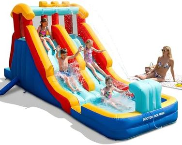 Doctor Dolphin Inflatable Water Slide with Dual Racing Slides, Mega 9-in-1 Water Park for Kids Backyard with Large Climbing Wall and Splash Pool, 450W Blower, Summer Outdoor Water Toy