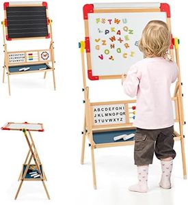 COSTWAY 3 in 1 Kids Art Easel, Double-Sided Chalkboard and Whiteboard with Paper Roll, Magnetic Letters, Abacus, 360° Rotating Drawing Board for Toddlers Boys Girls