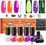 Modelones Halloween Nail Polish Set 6 Colors, Boo-tiful Nightmare Collection with Stickers, Glow in the Dark White Crackle Black Purple Orange Hot Pink Quick Dry Nail Art Kit, For Women