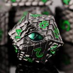 Metal Dice Set D&D,7 PCS Dragon Scale Metallic DND Dice Set,Dragon Eye Metal Dice with Grogeous Gift Case for Dungeons and Dragon Tabletop Game (Black Dragon Scale & Green Eye)