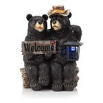 Alpine Corporation 15" Tall Outdoor Bear Couple with Lantern and Welcome Sign Statue with Solar LED Light Yard Art Decoration