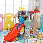 Costzon Toddler Slide Playground Climber Set, 5 in 1 Slide for Kids with Basketball Hoop, Telescope, Crawl Through Space, Easy Climb Stairs, Kids Large Slide Playset Gift for Both Indoor Outdoor Use