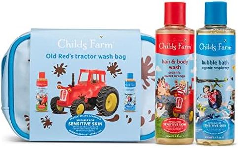 Childs Farm | Kids Tractor Luxury Wash Bag Gift | Organic Raspberry Bubble Bath 250ml & Sweet Orange Hair & Body Wash 250ml | Suitable for Dry, Sensitive & Eczema-prone Skin