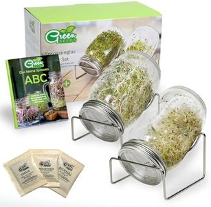 Green SEEDS es un Juego de 2 frascos de 1000 ml, para Hacer brotes de Soja, con Tapa de Rejilla de Acero Inoxidable, Soporte + ABC de brotes Gratis [E-Book]
