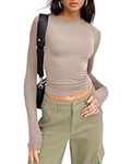 LACOZY Women's Baby Tee Y2k Tops Skim Dupe Basic Tee Going Out Top Workout Fitted Long Sleeve Tight Shirts 2024 Taupe Small