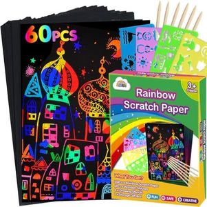 ZMLM Scratch Paper Art Set: 60Pcs Magic Drawing Art Craft Kid Black Scratch Off Paper Supply Kit Toddler Preschool Learning Bulk Toy for Age 3 4 5 6 7 8 9 10 Girl Boy Christmas Birthday Party Gift