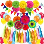 ZERODECO Fiesta Party Decoration, Multicolor Vibrant Hanging Paper Fans Pompoms Latex Balloon Tissue Paper Tassel Triangle Bunting Banner for Fiesta Mexican Cinco De Mayo Baby Shower Party