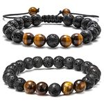 M MOOHAM Black Natural 8mm Gem Semi Precious Stone Round Bead Lava Rock and Tiger Eye Beads Adjustable Bracelet, for Men Women Stress Relief Yoga