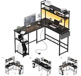 Flamaker L Shaped Desk with LED Lights & Power Strips, 120x140cm Reversible Gaming Computer Desk with Storage Shelf and Hutch, Black