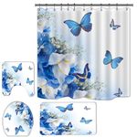 Flowers and Butterflies Shower Curtains with Rugs Bathroom Decorations Sets,4 Pcs Blue Floral Bathtub Curtain Elegant Bath Decor with Toilet Lid Cover Non-Slip Rug Bath Mat and Hooks (Light Blue)