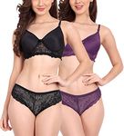 FIMS - Fashion is my style Women Cotton Floral Lace Padded, Non-WiBlack, Full Coverage, Seamless Bra Panty Set, Pack of 2 Lingerie Set, Purple Black, Cup- B, Size- 32