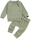 One opening Toddler Baby Boy Girl Clothes Outfits Ribbed Long Sleeve Pullover Sweatshirts Pants Newborn Girl Outfit Set(Bean Green, 12-18 months)