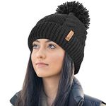 RockJock Ladies STORMACTIVE 100% Waterproof Warm Cable Knit Winter hat with Pompom and Thermal Cosy Liner-Black