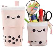 Cute Boba Tea Pencil Case, 1+1+8pcs, Premium, Kawaii Retractable Pouch, Pop up Korean Japanese Stationery, Standing Pen Makeup Box Bag Holder, Gift, Pink.