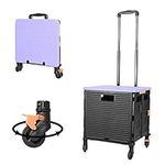 Foldable Utility Cart Folding Portable Rolling Crate Handcart with Durable Heavy Duty Plastic Telescoping Handle Collapsible 4 Rotate Wheels for Travel Shop Moving Luggage Office Use (Black+Purple)