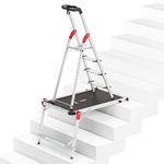 Hailo L80 ComfortLine Step Ladder Set with TP1 Stair Pedestal - Folding Aluminium Ladder with 4 XXL Safety Steps - Work Platform with Sturdy Aluminium Frame - Maximum Load 150 kg