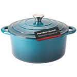 Hamilton Beach Enameled Cast Iron Dutch Oven 5.5-Quart Navy, Cream Enamel Dutch Oven Pot with Lid, Cast Iron Dutch Oven with Even Heat Distribution, Safe Up to 400 Degrees, Durable, Dishwasher Safe