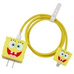 3D Cute Cartoon Charger Protector Case - Compatible for Apple 20W USB-C Power Adapter and Lightning Cable (Yellow Spongbob)