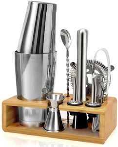 Mixology Bartender Kit with Stand - Cocktail Shaker Set with Bamboo Stand, Boston Drink Shaker, Mojito Muddler, and Drink Mixer Spoon - 10-Piece Bar Tools Set - Bar Accessories for Home
