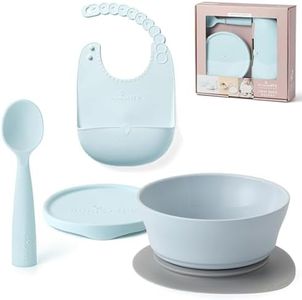 Miniware First Bites Deluxe Set: Cereal Bowl, Detachable Suction Foot, Training Spoon, Silicone Bib for Baby Toddler Kids | Promotes Self Feeding | BPA Free | Dishwasher Safe (Aqua)